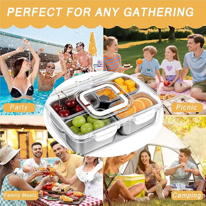 Snackle Box Container, Stainless Steel Divided Serving Tray with Lid and Handle, Large Snack Tray for Fruit Veggie Candy, 4-Compartment Snack Platter for Travel Party Beach Picnic