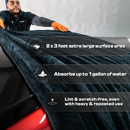 Blackline 24"x36" Twisted-Loop Car Drying Towel, 1300GSM, Streak Free, Lint Free, Reusable - Car Accessories, Microfiber Cleaning Cloth for Car, Truck, SUV - One Pass is All You Need