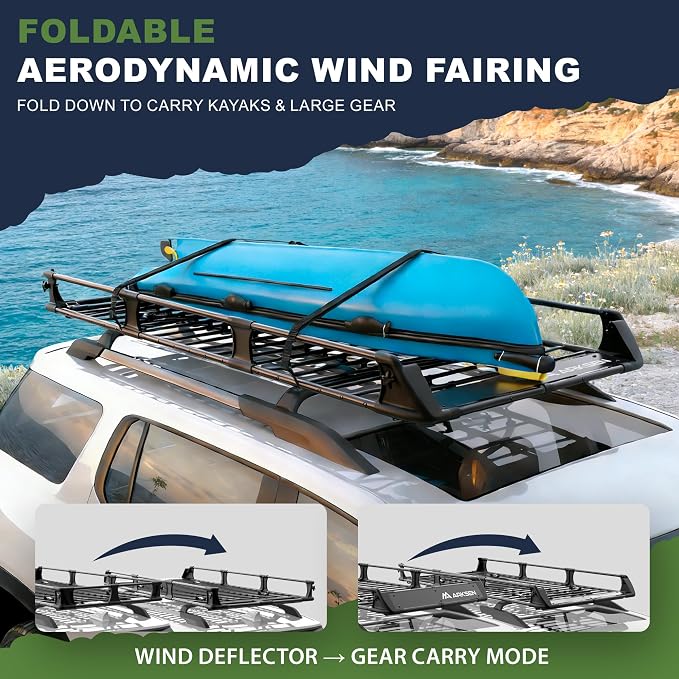 ARKSEN 2-in-1 Foldable Fairing Roof Rack Cargo Basket with 2 Nets, 82" x 39" Heavy Duty Steel Rooftop Carrier, 250 lbs Max Load, Fits SUV Truck Pickup for Kayaks, Canoes & Luggage