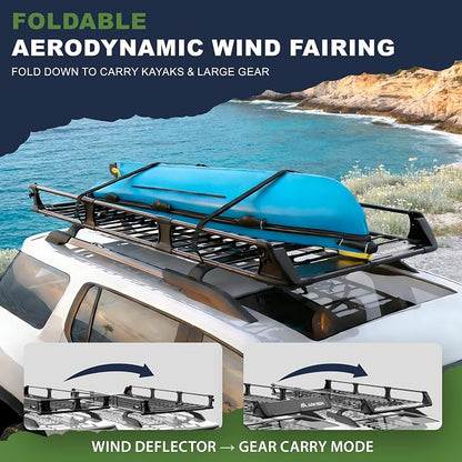 ARKSEN 2-in-1 Foldable Fairing Roof Rack Cargo Basket (Deflector & Flat Mode), 82" x 39" Heavy Duty Steel Rooftop Carrier, 250 lbs Max Load, Fits SUV Truck Pickup for Kayaks, Canoes & Luggage