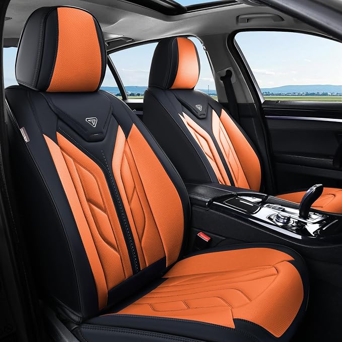 Coverado Car Seat Covers Full Set, Automotive Seat Covers Car Seat Protector Car Seat Cushion, Waterproof Leather Seat Covers for Cars, Universal Fit for Most Sedans SUV Pick-up Truck(Black&Orange)
