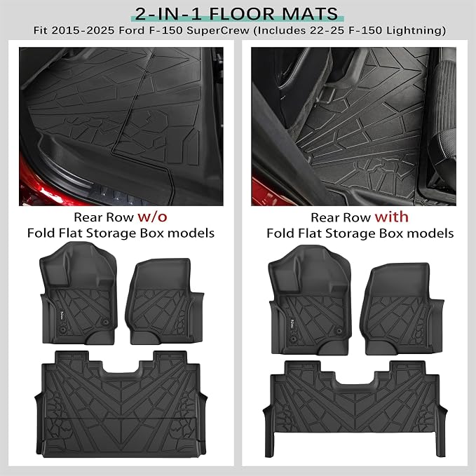 KARPAL Floor Mats for 2015-2026 Ford F-150 & 2022-2026 F150 Lightning SuperCrew, Custom Fit TPE All Weather Ford F150 Accessories 1st & 2nd Row Floor Liner