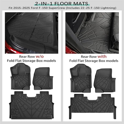 KARPAL Floor Mats for 2015-2026 Ford F-150 & 2022-2026 F150 Lightning SuperCrew, Custom Fit TPE All Weather Ford F150 Accessories 1st & 2nd Row Floor Liner