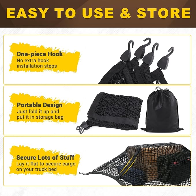 BUMBEE Truck Bed Cargo Net, Highly Elastic Double-Layered Stretchable up to 7ft x 7ft Small Mesh Durable Storage Organizer for Pickup Car Trunk SUV Boat