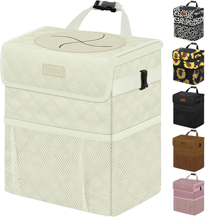 Vankor White Car Trash Can Cute, White Car Accessories for Women Waterproof Automotive Garbage Cans Leak Proof Vehicle Trash Can Diamond Pattern-Beige