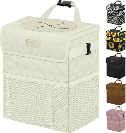 Vankor White Car Trash Can Cute, White Car Accessories for Women Waterproof Automotive Garbage Cans Leak Proof Vehicle Trash Can Diamond Pattern-Beige