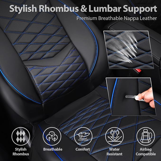 CAR PASS Luxury Nappa Leather Seat Covers Front, Water Resistant 3D Memory Foam Car Seat Covers with Lumbar Support,Thick Seat Cover Airbag Compatible Universal Fit for Sedan SUV Van Truck, Black Blue