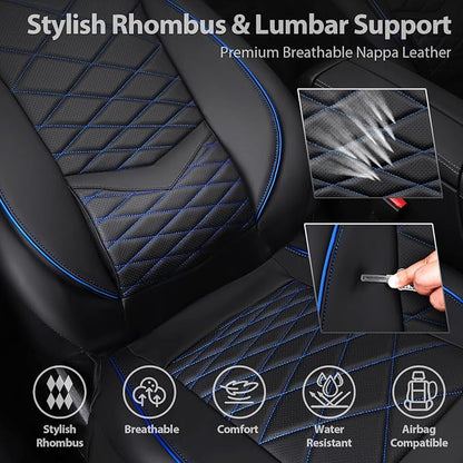 CAR PASS Luxury Nappa Leather Seat Covers Front, Water Resistant 3D Memory Foam Car Seat Covers with Lumbar Support,Thick Seat Cover Airbag Compatible Universal Fit for Sedan SUV Van Truck, Black Blue