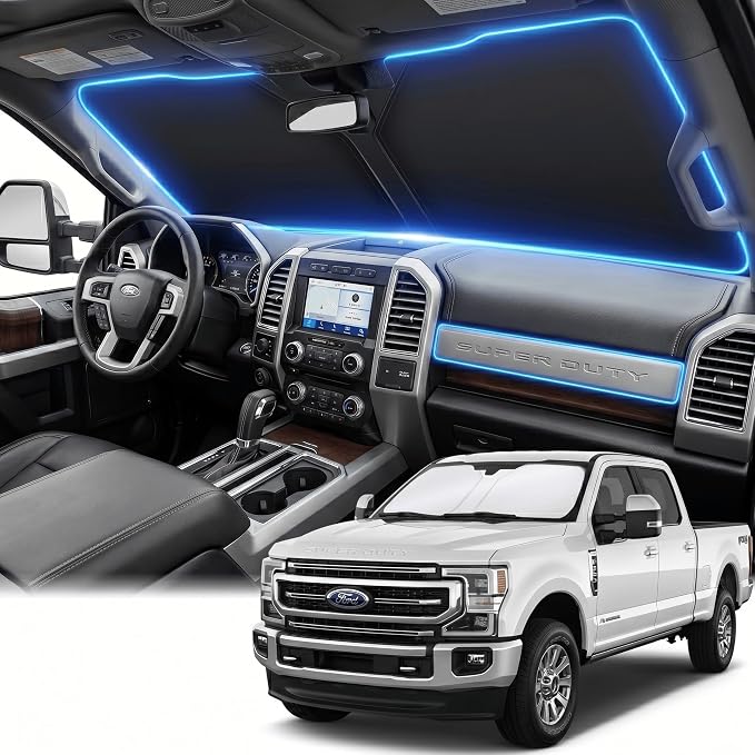 Windshield Sun Shade for Ford Super Duty F250 F350 2017-2025 Sunshade Front Window Shade Custom Fit F250 F350 Accessories Sun Visor Foldable Shade Blocks UV Rays Accessories