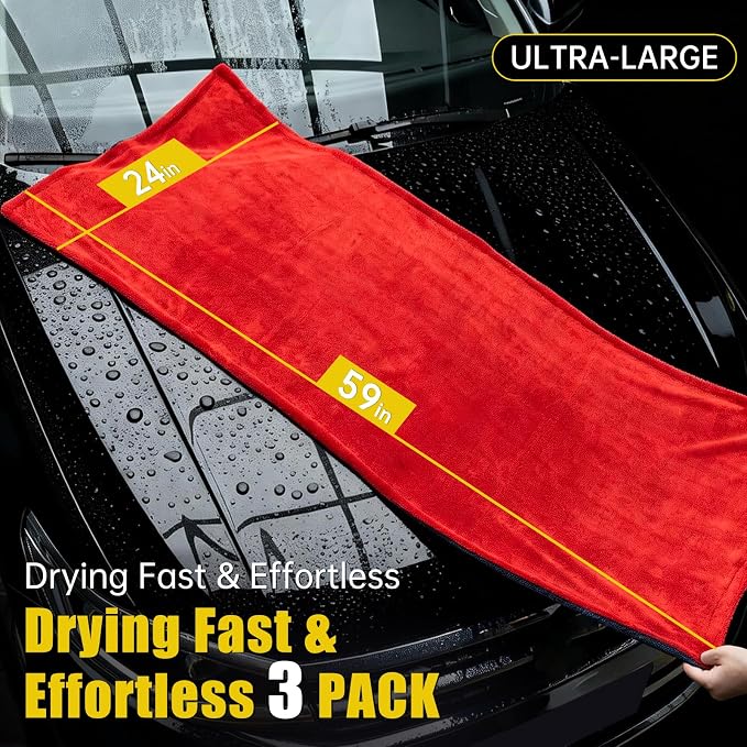 ThinkLearn 3-Pack Car Drying Towel-Microfiber Extra Large Towels for Cars(59"x24"), Ultra-Absorbent, Scratch & Streak Free, 1300 GSM, Twisted-Loop Cleaning Cloth for Truck, SUV, Car Accessories, Red