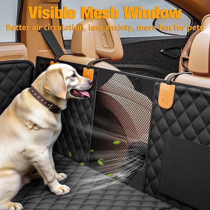 PETICON Back Seat Extender for Dogs, Hard Bottom Dog Car Seat Cover - Supports 400lbs, Rear Seat Pet Cover with Mesh Window, Waterproof Dog Hammock for Car SUV