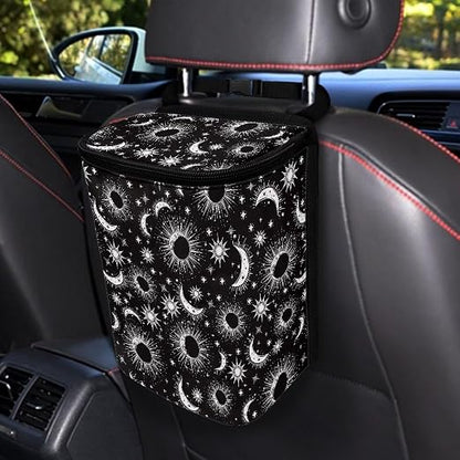 Celestial Sun Moon Stars Print Trash Can for Car Leakproof Garbage with Lid and Zipper Trash Bin Hanging Back of Seat Auto Interior Accessories Universal Fit Most Truck SUV Van