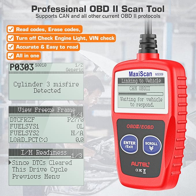 Autel OBD2 Scanner MS309 Universal OBD II Scanner Car Engine Fault Code Reader CAN Diagnostic Scan Tool, Read and Clear Error Codes for 1996 or Newer OBD2 Protocol Vehicle