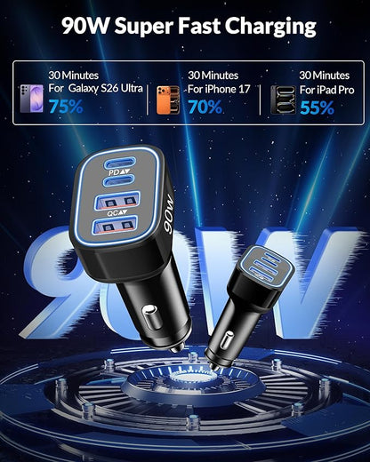 90W Fast Car Charger USB C, 2 Pack 4-Port Cigarette Lighter USB Charger Super Fast Charging, Multiport Car Phone Charger Accessories for iPhone 17/16/15/14/13/12 Pro Max, iPad, Galaxy, Tablet, Android