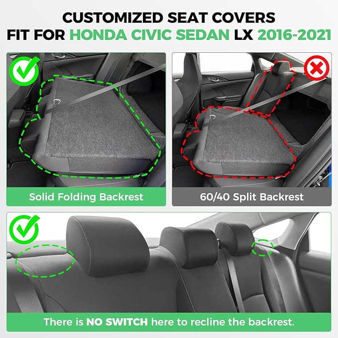 for Honda Civic Leather Seat Covers, Sedan LX 2016 2017 2018 2019 2020 2021, Custom Fit Car Seat Cover Full Set, Waterproof Accessories, Black Red (Solid Bench Seats- W/O Rear Armrest)