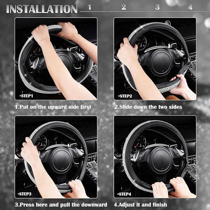 CAR PASS Bling Diamond Leather Steering Wheel Cover, with Bling Sparkly Crystal Glitter Rhinestones Universal Fit 14.5in-15in Car Wheel Protector for Women Girl Fit Suvs,Vans,Sedans,Car,Trucks, Silver
