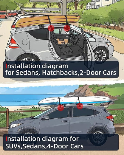 Abahub Soft Roof Rack Pads with 2 Tie Down Straps, 2 Tie Down Ropes, 2 Hood Loops and Storage Bag, for Surfboard, Kayak, Canoe, Heavy Duty Universal Car Roof Racks System