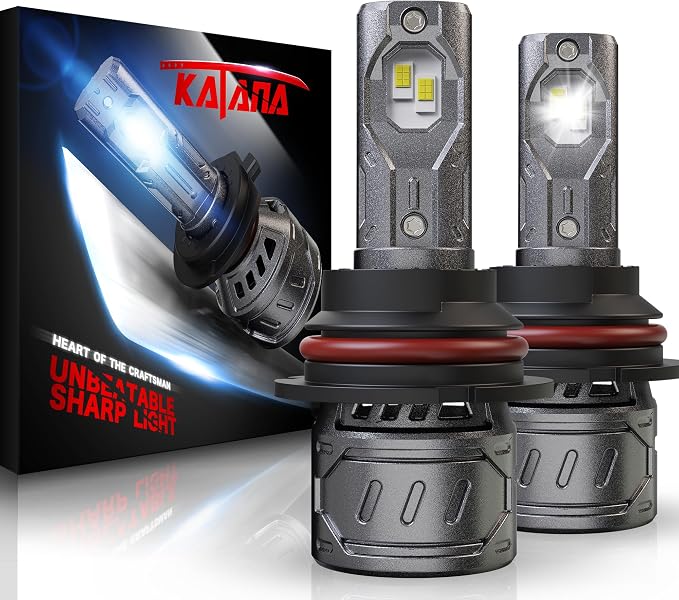 Katana 9007/HB5 Bulbs, 6500K White 400% Brightness High/Low Beam Plug and Play Mini Size Fog Light Bulb of 2
