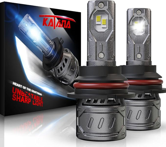 Katana 9007/HB5 Bulbs, 6500K White 400% Brightness High/Low Beam Plug and Play Mini Size Fog Light Bulb of 2