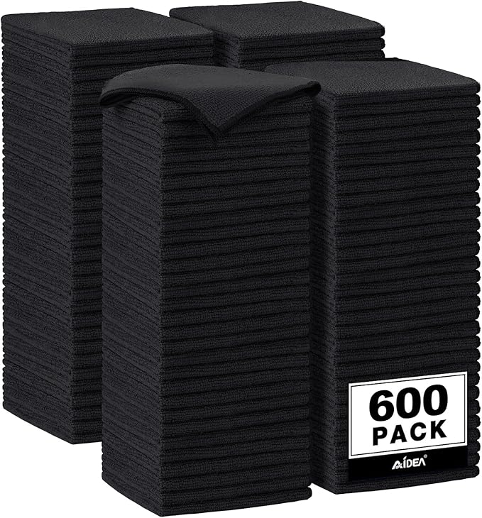 AIDEA Microfiber Cleaning Cloth-600PK, Soft Microfiber Towels for Cars, Absorbent Cleaning Rags, Lint-Free Streak-Free Wash Cloths for House, Kitchen, Window(12in.x12in), Black