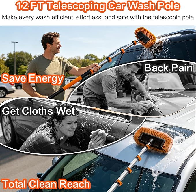 Car Wash Kit with 4-12FT Telescoping Extension Pole, Cleans Spider Webs, Washable & Reusable for High Ceilings, Fans & Outdoor Cleaning