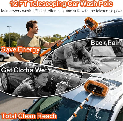 Car Wash Kit with 4-12FT Telescoping Extension Pole, Cleans Spider Webs, Washable & Reusable for High Ceilings, Fans & Outdoor Cleaning