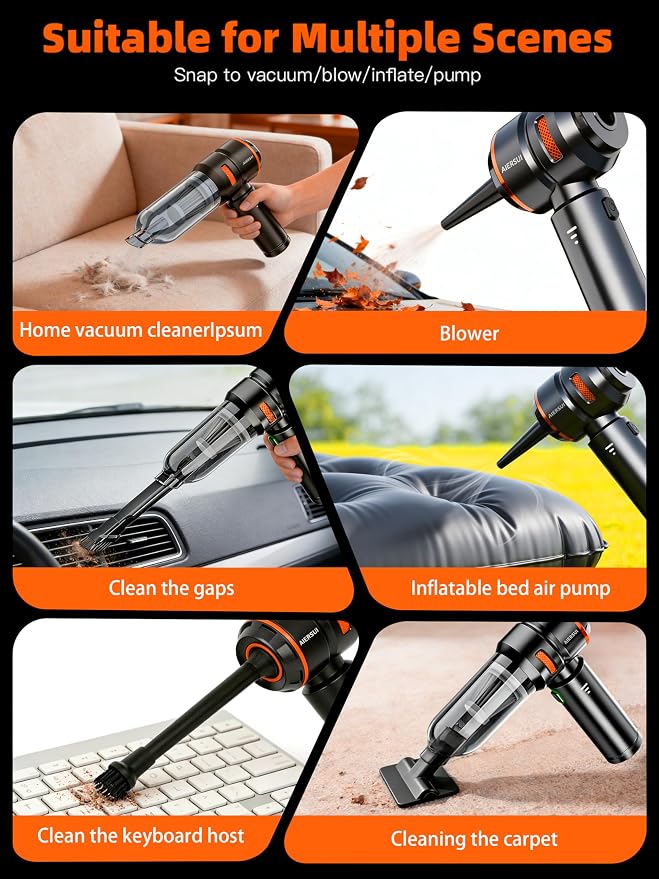 Super-Powered car mini Vacuum Cleaner 80,000RPM, Four-in-one: Blower, Vacuum Cleaner, air Extractor, and Pump. Handheld dust Collector, Handheld dust Blower, Hair Dryer, Cordless (Orange)