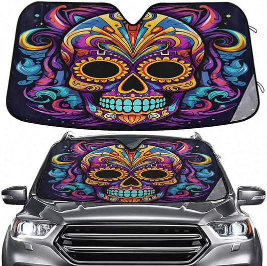 Windshield Sun Shade Sugar Skull Front Window Block UV Shades Visor Reflective Retractable for Car SUV Trucks