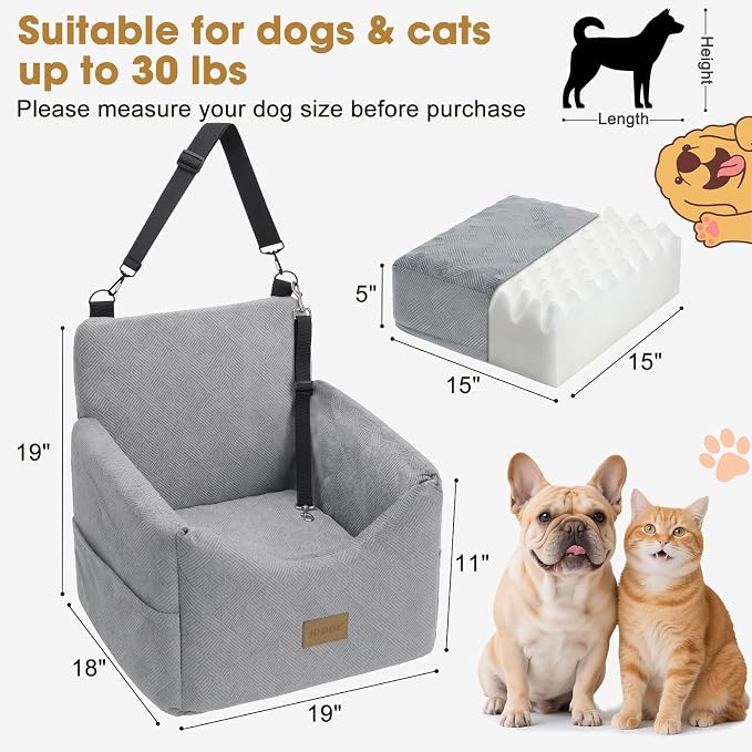 JOEJOY Dog Car Seats for Small Medium Dogs Under 35lbs, Dog Booster Seat with Detachable Washable Cover and Cushion, Memory Foam Pet Car Seat with Safety Belt and Storage Pockets (LG)