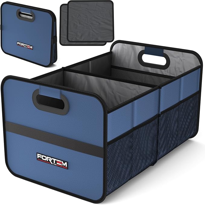 FORTEM Car Trunk Organizer, Collapsible Two Compartment Organizer, Foldable SUV & Truck Storage for Car Accessories for Women Men, Non Slip Bottom, Sturdy Side Walls, Strong Handles, 45L