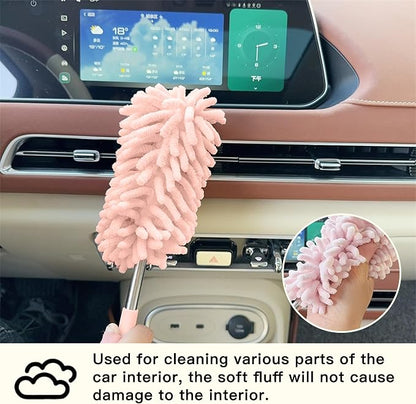 2PCS Car Interior Duster with Extension Pole, Microfiber Retractable Dusters Auto Dash Cleaning Tool, Soft Chenille Hand Washable Dusters for Vehicle Window Office Furniture (Pink)