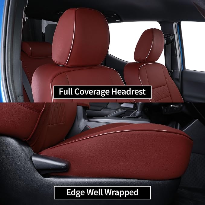 EKR Custom Fit Tacoma Front Car Seat Covers for Select Toyota Tacoma 2016 2017 2018 2019 2020 2021 2022 2023 Double Cab/Access Cab - Front Row Only,Leather (Burgundy)