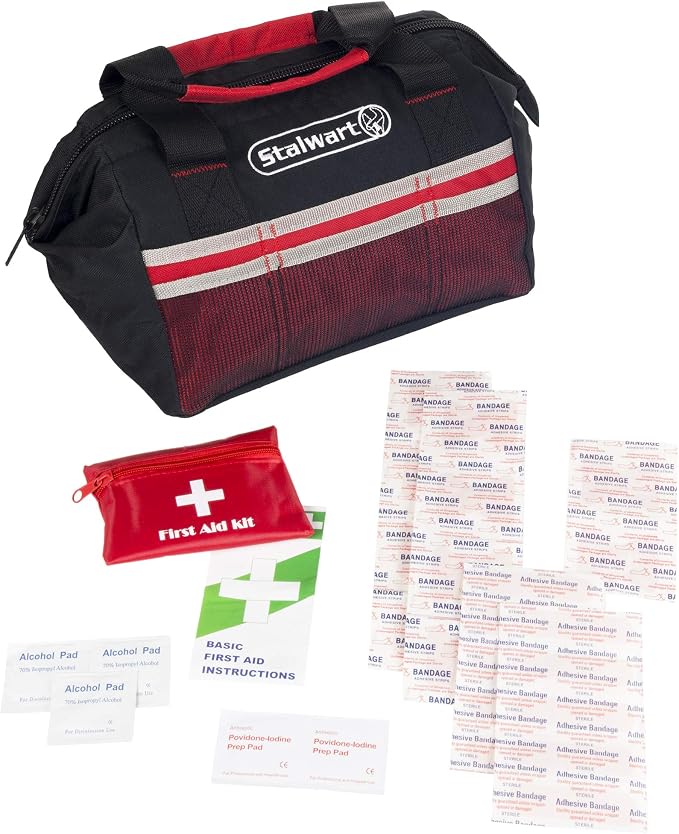 Roadside Emergency Car Kit - 55-Piece Set Includes Jumper Cables, Tire Repair Supplies, First Aid Kit, Flashlight, and Travel Bag by Stalwart (Red)