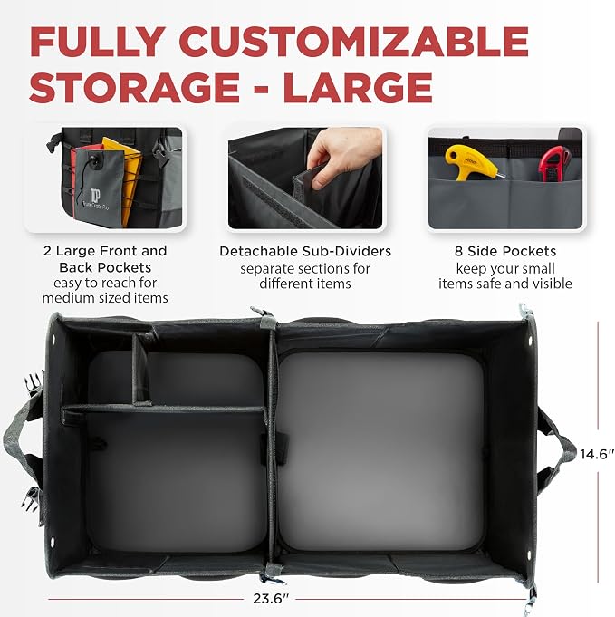 TRUNKCRATEPRO Trunk Organizer For Car, Suv, Truck | Premium Adjustable Multi Compartments Collapsible Car Trunk Organizer With Securing Straps & Non-Slip Bottom (Large Size, Grey)