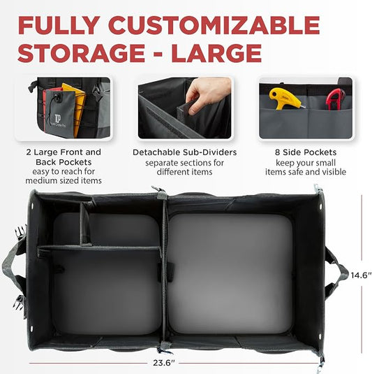 TRUNKCRATEPRO Trunk Organizer For Car, Suv, Truck | Premium Adjustable Multi Compartments Collapsible Car Trunk Organizer With Securing Straps & Non-Slip Bottom (Large Size, Grey)