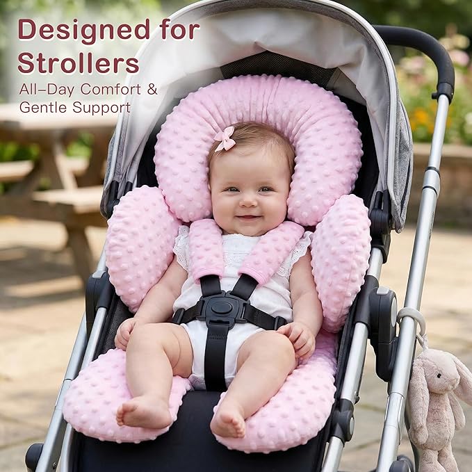Pro Goleem Infant Car Seat Head Neck Body Support, Ultra-Soft Minky and Microfiber Newborn Car Seat Insert, Perfect for Car Seat, Stroller, 2-in-1 Reversible, Girls, Pink
