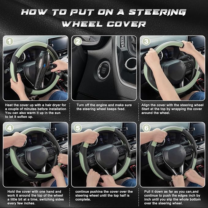 SEG Direct Steering Wheel Cover for Car, Standard Size 14.5-15 inch, Auto Interior Accessories, Black and Pastel Green