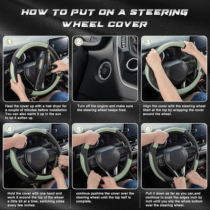 SEG Direct Steering Wheel Cover for Car, Standard Size 14.5-15 inch, Auto Interior Accessories, Black and Pastel Green