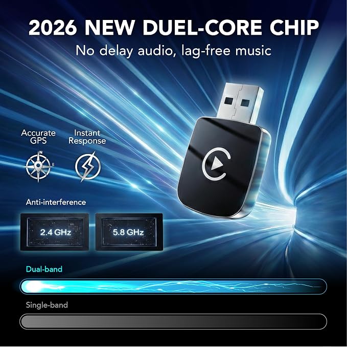 2026 Wireless CarPlay Adapter & Android Auto Wireless Adapter 2-in-1, Apple Car Play Dongle for iPhone & Android, Convert Wired to Wireless, 5.8GHz WiFi No Delay, Plug & Play USB-A/C for OEM Cars