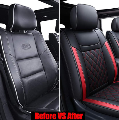 Huidasource Grand Cherokee Seat Covers, Waterproof Leather Customized Car Seat Cushion Covers, Full Set Seat Protectors Compatible with Grand Cherokee 2011-2022, (5 Pcs Full Set/Black&Red)