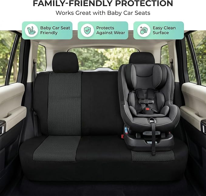 FH Group Automotive Rear Car Seat Covers for SUV, Trucks, Sedan and More - Universal Fit Front High Back & Rear Solid Bench Design Interior Accessories - 3D Mesh Fabric Center Panel - Black