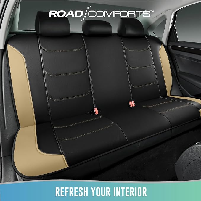 Road Comforts Seat Covers, Premium Leather Car Seat Covers Full Set,Airbag Compatible, Automotive Seat Covers Universal Fit Most Cars,Vans,Truck,SUV, Beige