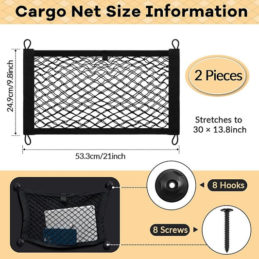 Frienda 2 Pcs Stretchable Small Cargo Net Pocket Boat Storage Mesh Net Elastic Automotive Storage Pouch with Mounting Screws and Hooks for Truck Car SUV Boats (21 x 9.8 Inches)