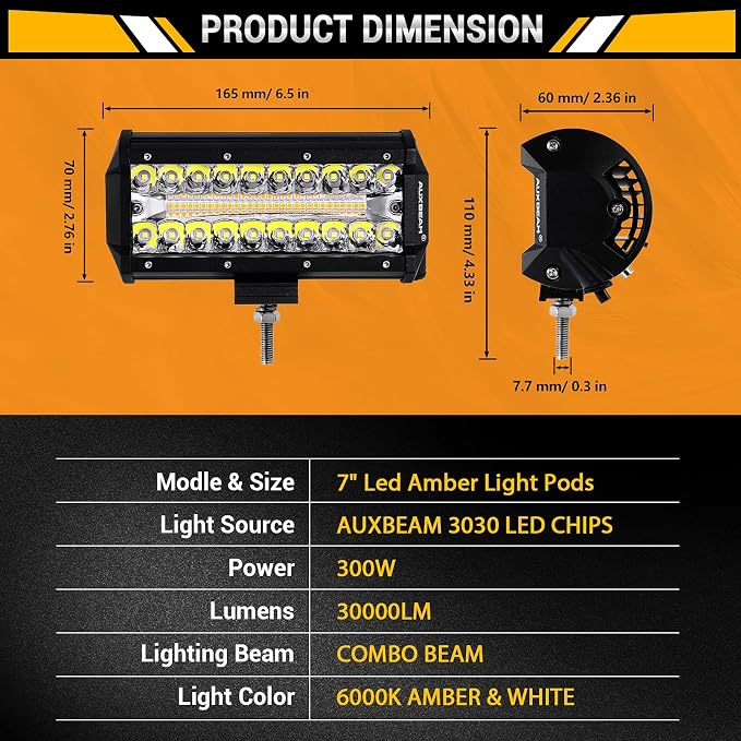 Auxbeam 7 Inch LED Light Bar, 300W 6 Modes Amber White Offroad Lighting, LED Driving Spot Work Light Pod with Wiring Harness for Trucks Car Pickup ATV Jeep Boat Golf Cart(Pack of 2)