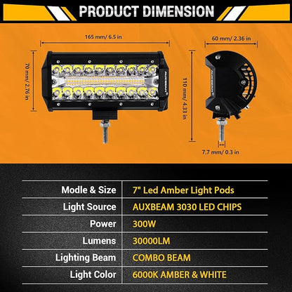 Auxbeam 7 Inch LED Light Bar, 300W 6 Modes Amber White Offroad Lighting, LED Driving Spot Work Light Pod with Wiring Harness for Trucks Car Pickup ATV Jeep Boat Golf Cart(Pack of 2)