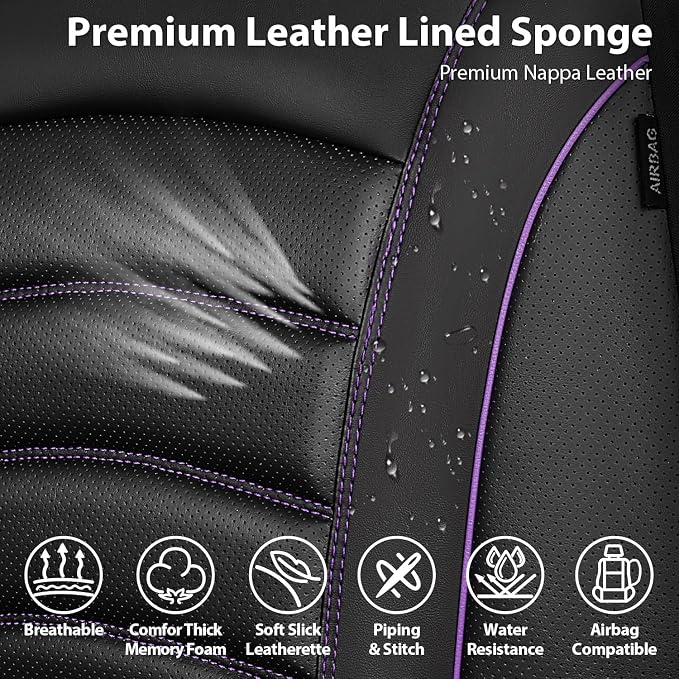 CAR PASS 3D Foam PU Leather Car Seat Covers, Universal Seat Covers Front 2 for Trucks SUV Sedan Automotive Seat Covers Armrest Airbag Compatible Waterproof Comfortable Faux Nappa Leather Black Purple