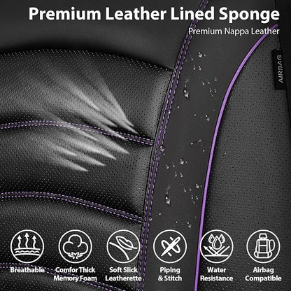 CAR PASS 3D Foam PU Leather Car Seat Covers, Universal Seat Covers Front 2 for Trucks SUV Sedan Automotive Seat Covers Armrest Airbag Compatible Waterproof Comfortable Faux Nappa Leather Black Purple