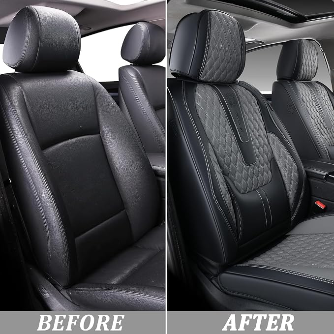 Coverado Leather Seat Covers for Car, Waterproof Front Car Seat Covers with Lumbar Support Universal Fit for Most Sedans SUV Pick-up Truck(Black&Gray)