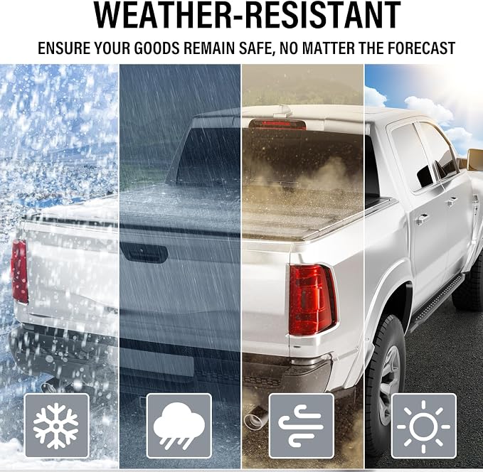 Low Profile Hard Folding Aluminum Truck Bed Tonneau Cover Compatible with 2009-2018 Dodge Ram 1500 6'4" Bed Without Ram Box (76.3), Quad-Fold Style