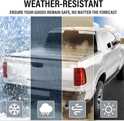 Low Profile Hard Folding Aluminum Truck Bed Tonneau Cover Compatible with 2009-2018 Dodge Ram 1500 6'4" Bed Without Ram Box (76.3), Quad-Fold Style